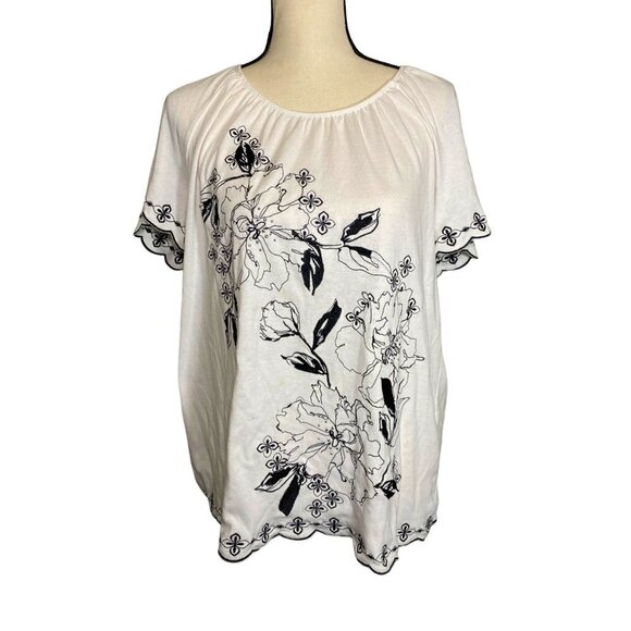 Handmade Tops - Floral embroidered white tunic blouse women size Large